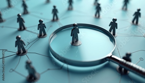 Magnifying glass highlights one human figure in network of people. Abstract visual represents finding best candidate, talent search, employee selection. HR recruitment, job opportunity, choosing