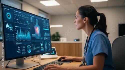 Focused female doctor analyzing vital signs data on advanced medical display in modern clinic