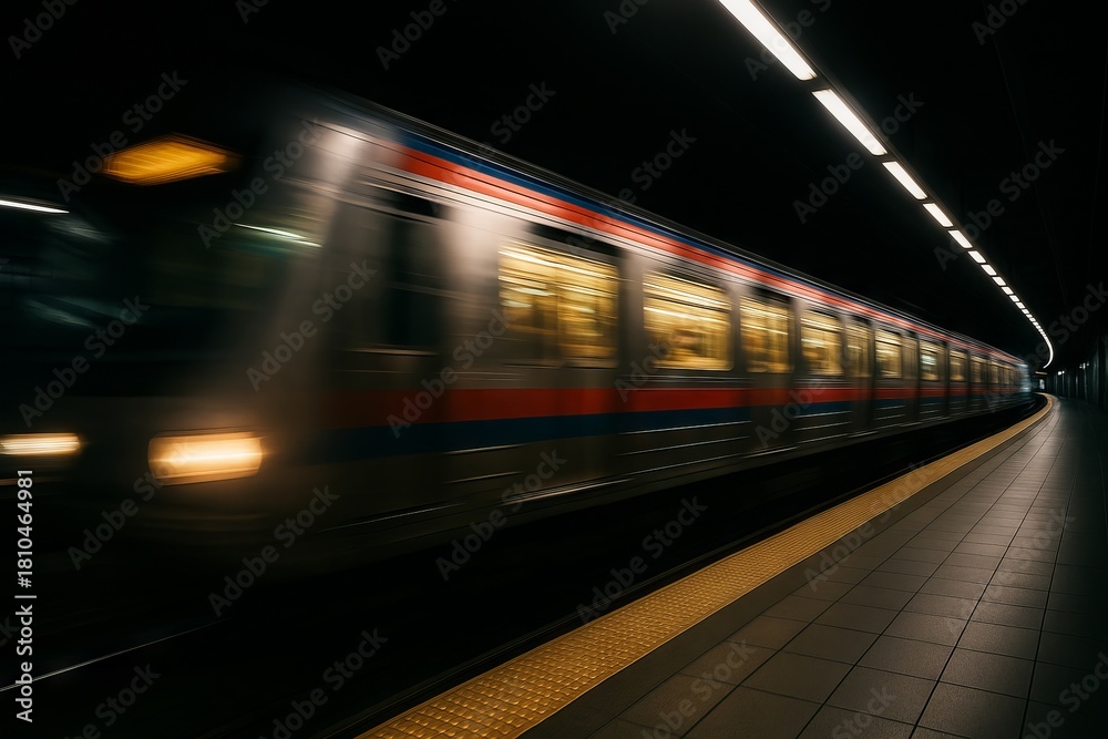 Fototapeta premium Subway train traveling at high speed in dark tunnel. Modern public transport system concept for urban commuting and city life.