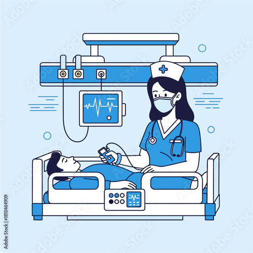 Nurse Monitoring Patient's Vitals in Hospital Room Illustration