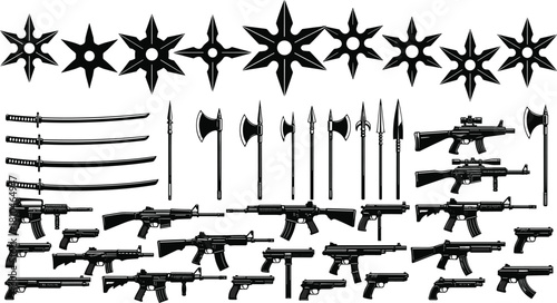 Weapon silhouette vector set containing ninja stars, samurai swords, medieval axes, spears, and modern military guns isolated on white background.