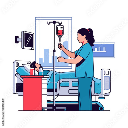 Nurse Adjusting IV Drip for Patient in Hospital Room
