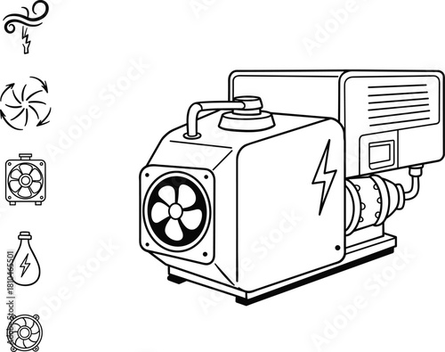 Industrial generator illustration, mechanical power equipment, electric engine, fan cooling system, energy production machine, engineering device, power supply, technical machinery drawing