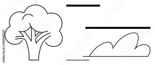Tree and drifting cloud outlined in minimalist style, abstract horizontal lines. Ideal for nature, environment, simplicity, eco-awareness, serenity, abstract art eco-friendly design. Simple flat