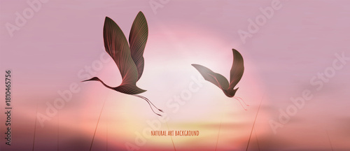 Art background featuring a sunset or sunrise and cranes with hand-drawn line elements. A vector nature banner for decor, prints, textiles, posters, packaging, and interior design.