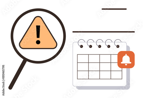 Magnifying glass over caution alert sign beside a calendar with notification bell. Ideal for deadline management, task alert, schedule organization, risk awareness, time management, planning, simple