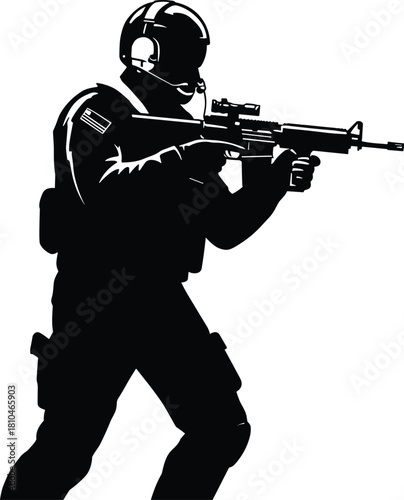 Silhouette tactical soldier aiming rifle, armed military operator advancing forward, security enforcement action, protective combat gear illustration, defense readiness posture, weapon handling