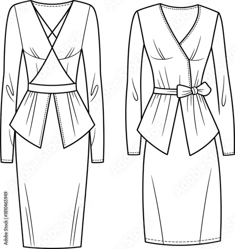 Women's fashion technical sketch, pencil skirt dress design, peplum waist detail, V-neckline, long sleeve, cad drawing flat vector illustration