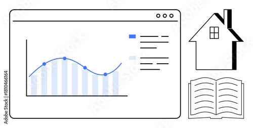 Chart on screen with data points, house and book icons. Ideal for education, real estate, research, learning, home ownership, data-driven decisions, simple flat metaphor