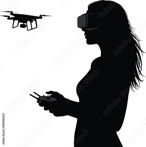 Silhouette woman flying drone using virtual reality goggles, remote controller technology, modern aerial innovation, immersive flight experience, outdoor hobby activity