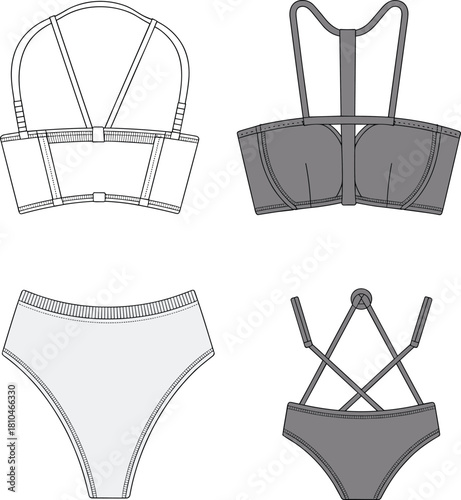 Women's lingerie technical sketch, bra and panty design, front and back view, fashion flat, cad drawing flat vector illustration