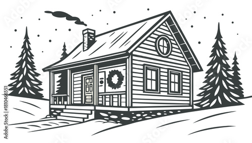 Snowy winter log cabin in forest engraving illustration Vector, A black and white line art illustration in an engraving style, showing a rustic log cabin with smoke from the chimney nestled in a snowy