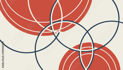 Abstract geometric background overlapping blue rings and red circles Vector, An abstract geometric flat design featuring overlapping dark blue outline rings and solid reddish-orange circles on a beige