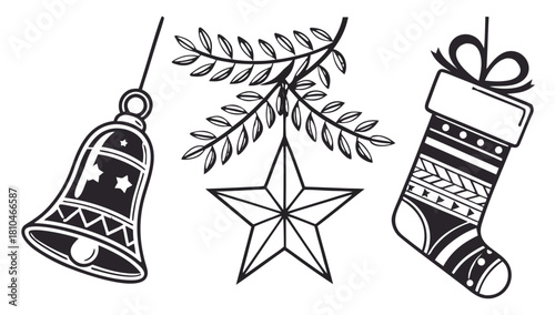 Hanging Christmas ornaments line art set: bell star stocking Vector, A set of three hanging Christmas ornaments illustrated in line art, including a decorated bell, a geometric star with evergreen