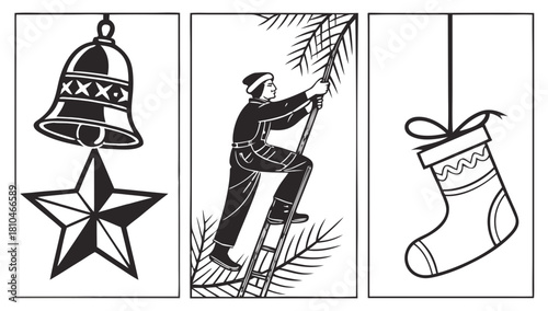 Vintage Christmas line art illustration set with bell man and stocking Vector Silhouette,  A black and white vintage-style line art illustration split into three panels, showing a Christmas bell over 