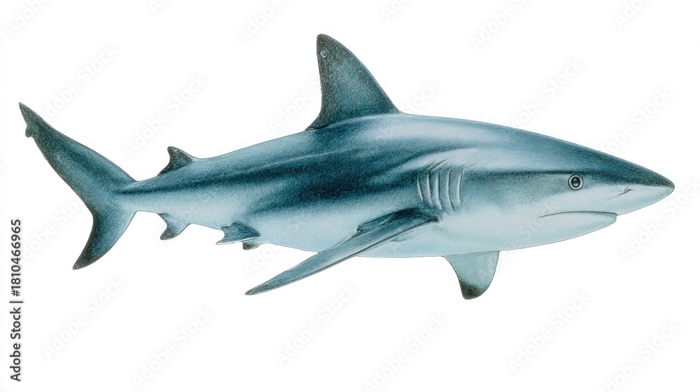 Obraz premium A side-profile view of a shark, digitally rendered with shades of grey and blue. It features a dorsal fin, pectoral fins, and tail fin, all isolated on white