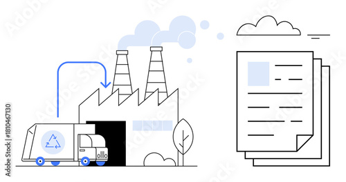Recycling process waste management steps with factory, recycling truck, and documentation. Recycling helps optimize sustainability, waste reduction, and responsible material reuse. Ideal