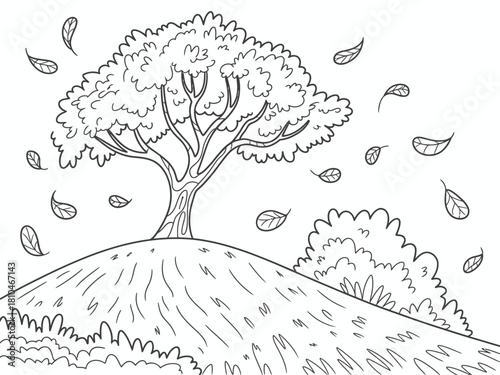A captivating black line art illustration of a tree on a hill, with falling leaves capturing the beauty of nature and seasonal changes in a simplistic artistic style.