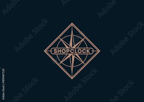 This image features a vintage compass-inspired logo for 'Shop Clock', which evokes a sense of adventure and exploration ideal for brands.