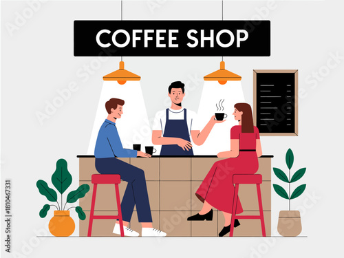 A vibrant coffee shop scene featuring a barista serving coffee to satisfied customers along with lush indoor plants enhancing the warm atmosphere of the setting.