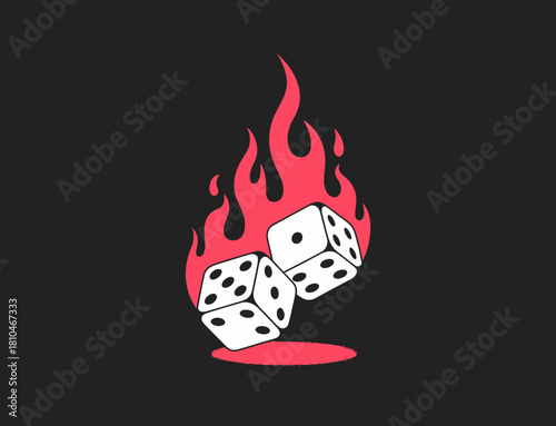 A dynamic illustration of two dice amidst flames, representing excitement, chance, and the thrill of risk-taking, encapsulating the spirit of gaming in a bold artistic style.