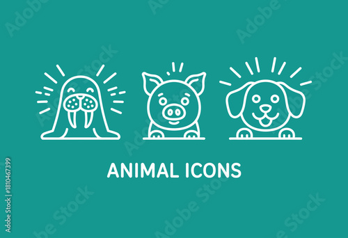 This playful set of animal icons features a walrus, pig, and dog, highlighting the charm and character of various animals in a simple yet effective graphic style.