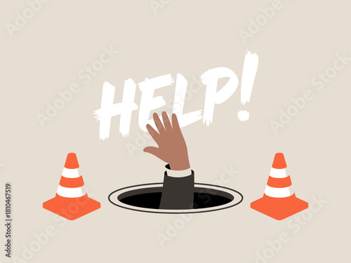 An illustrated hand is reaching out from a hole surrounded by warning cones, conveying a sense of urgency and need for help in a humorous or alarming context.