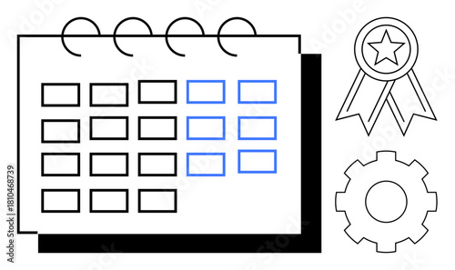Calendar with color-highlighted dates, award ribbon, and gear icon combine to highlight goals, rewarding teamwork, and efficient processes. Ideal for scheduling, achievement, planning, strategy