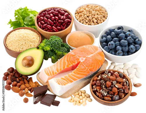 A variety of healthy foods including salmon, berries, nuts, seeds, and vegetables arranged together for a nutritious meal
