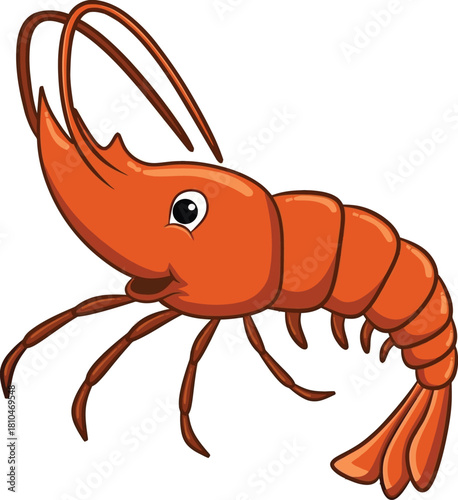 Orange Prawn Vector Illustration on White, Seafood Mascot Cartoon Shrimp Design