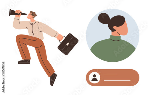 Man with telescope and briefcase searching for opportunities, alongside a profile card and avatar. Ideal for leadership, job search, networking, career growth, recruitment, exploration, ambition