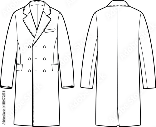 Double-breasted overcoat front and back view, notched lapel, flap pockets, chest welt pocket, fashion sketch, garment template, apparel design, technical illustration