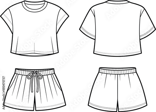 Cropped t-shirt and shorts front and back view, drawstring waist, pleated front, fashion sketch, garment template, apparel design, technical illustration
