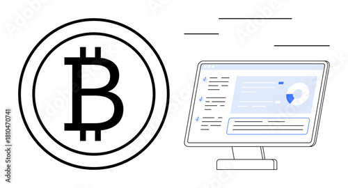Bitcoin currency logo alongside computer screen displaying analytics dashboard, charts, and data insights. Ideal for cryptocurrency, blockchain, investment, finance, trading, technology digital