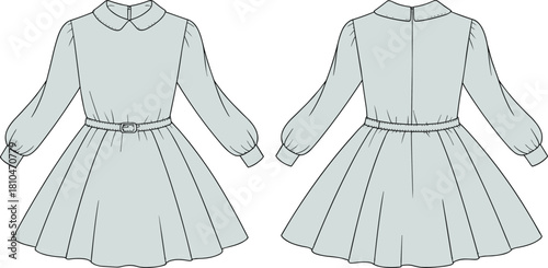 Girl's long sleeve dress technical flat sketch, featuring peter pan collar, belted waist, flared skirt, front and back view, isolated vector illustration fashion template.