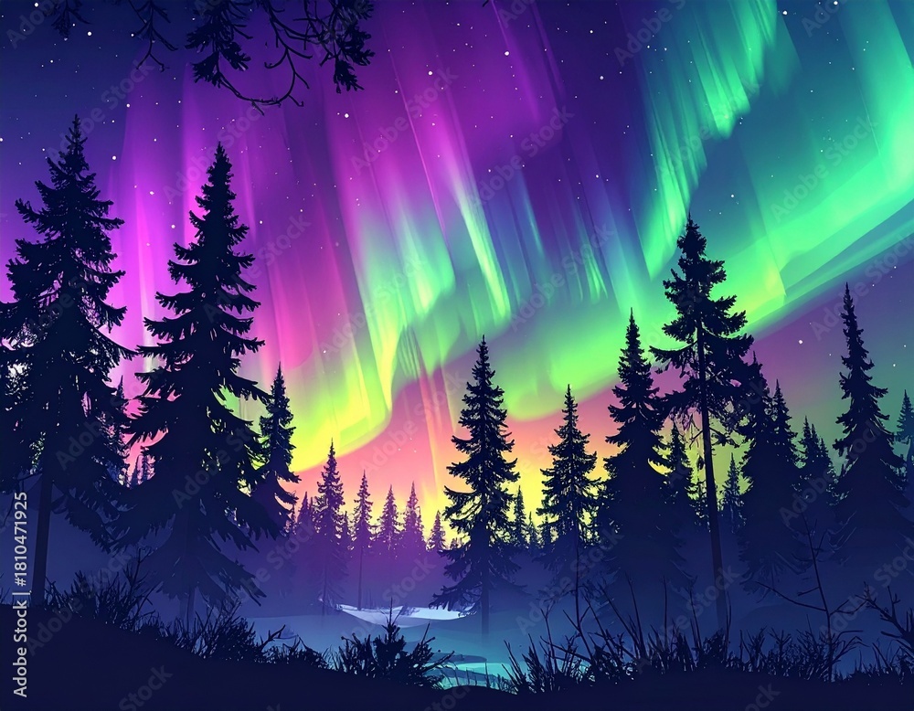 Naklejka premium Northern light illustration with silhouette of pine trees 