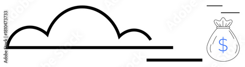 Stylized cloud with horizontal lines leading to a money bag, symbolizing cloud technology enabling profit, innovation, or efficiency. Ideal for technology, business, finance, economy, future