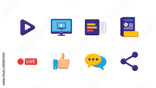 Flat design media icons for online communication and streaming