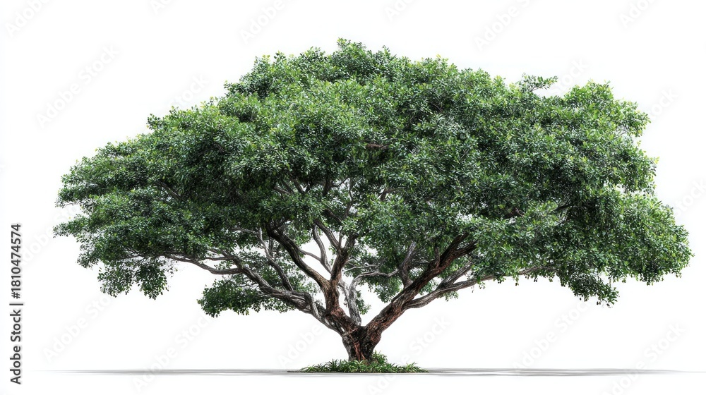 Fototapeta premium A full, vibrant tree with a wide canopy of green leaves. The brown trunk branches out to support the foliage, casting a shadow