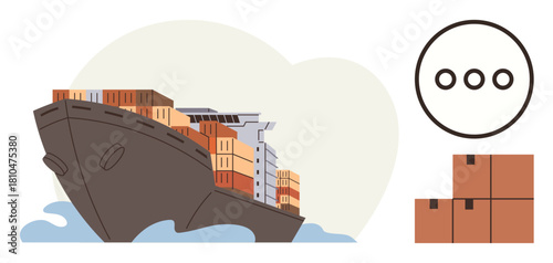 Large cargo ship loaded with containers on water, logistics icon nearby, and stacked boxes. Ideal for shipping, importexport, supply chain, logistics, transportation trade global commerce. Simple