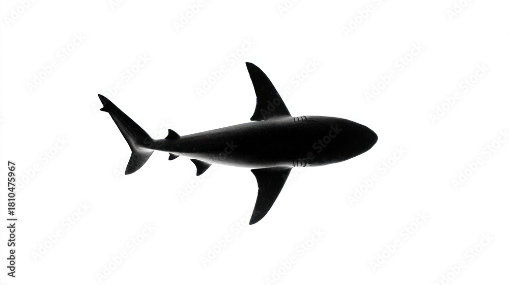 Obraz premium Silhouette of a sleek shark, dark against a stark white background, suggesting motion and marine life, fins spread. A simple yet striking image