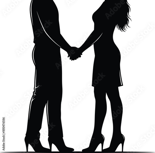 Romantic couple silhouette standing and holding hands, relationship concept, love together illustration, dating moment, romance art, affectionate pose, man and woman