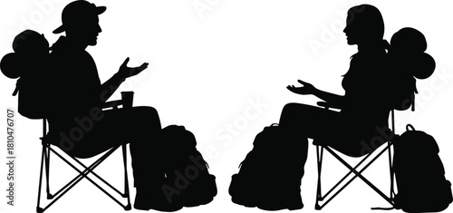 Silhouette travelers sitting in camping chairs talking, outdoor backpacking conversation scene, hiking equipment, camping gear, communication concept, travel lifestyle illustration