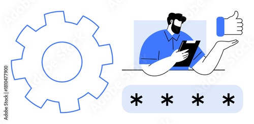 Gear representing settings, user reviewing details on a tablet, thumbs-up for approval, and password input with asterisks. Ideal for security, technology, authentication, approval processes, settings