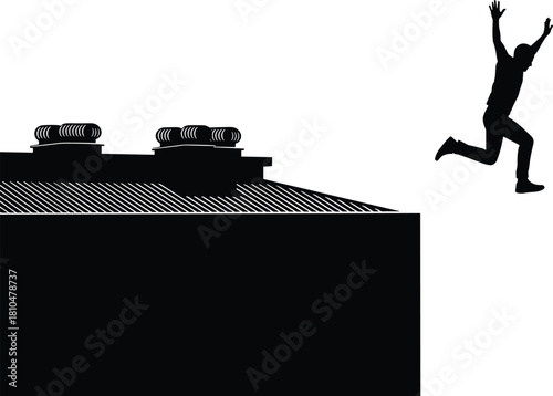 Silhouette vector illustration of person leaping across building rooftop gap, urban parkour concept, city scene, dynamic action pose, black graphic artwork