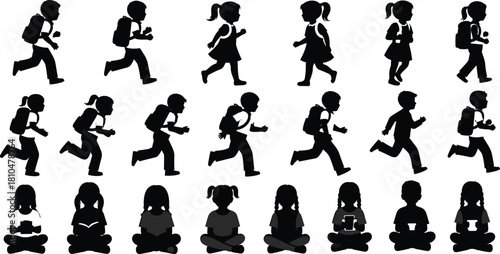 Silhouette vector illustration of school children running, walking, and sitting with backpacks and books, depicting education, student activities, childhood learning, daily school routine