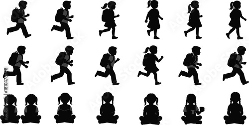 Silhouette vector illustration of school children walking, running, and sitting with backpacks, representing education, student activity, childhood movement, learning habits, and classroom concepts