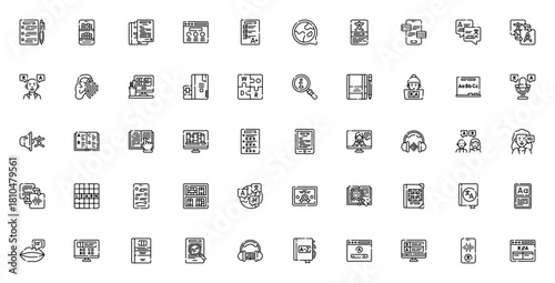 Language Learning icon set. Vector illustration. Incudes symbols for translatin, dictionary, online lessn, exam, books, flashcards certificate and more. Ediable stroke.
