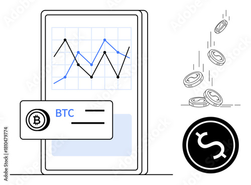 Mobile screen showing BTC price chart with dynamic lines, BTC label, falling coins, and dollar icon. Ideal for cryptocurrency, fintech, trading, investments, economic analysis financial apps simple