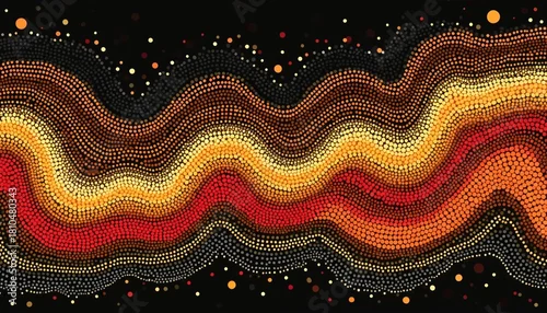 Panel kuchenny z motywem Black backdrop dotted wavy lines. Australian aboriginal art style texture for background. Red yellow orange color palette. Banner design with modern art decoration pattern. Textile, web design